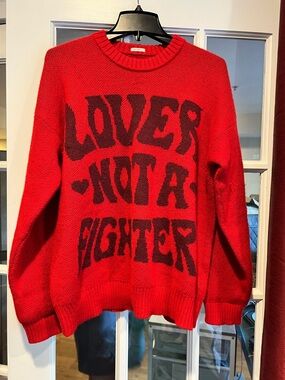 MOTHER Red Crewneck Sweater with Black Lettering - "Lover Not A Fighter"